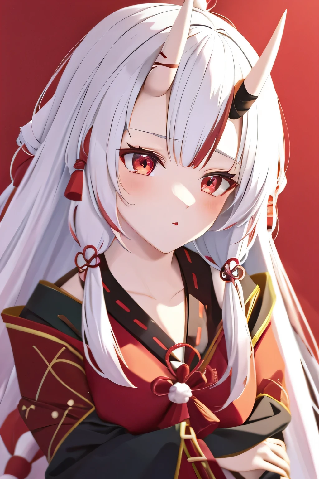 anime girl, white hair with red tips, with horns on his head, Nakiri Ayame, ubrana w kimono. smutna twarz, the best quality, 2k, 4k, Masterpiece