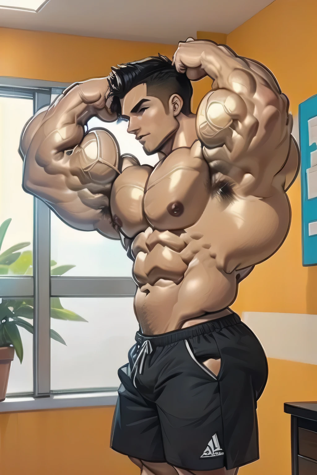 PELO NEGRO, ojos marrones, solo, sudoroso, piel brillante, piel morena, (((muscular, 1 chico))), con curvas, cabello corto, shorts cortos, ombligo, deportes bien, triste e inexpresivo