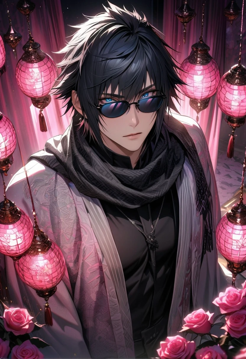 absurdres, highres, ultra detailed, HDR, masterpiece, extremely detailed face and eyes, Noctis Lucis Caelum, black hair, expressive blue eyes, black sunglasses, Final Fantasy xv, solo, sexy man, handsome, pink roses, pink curtains, shining pink lanterns, pink moon, black scarf, white haori, tight black shirt, patterns
