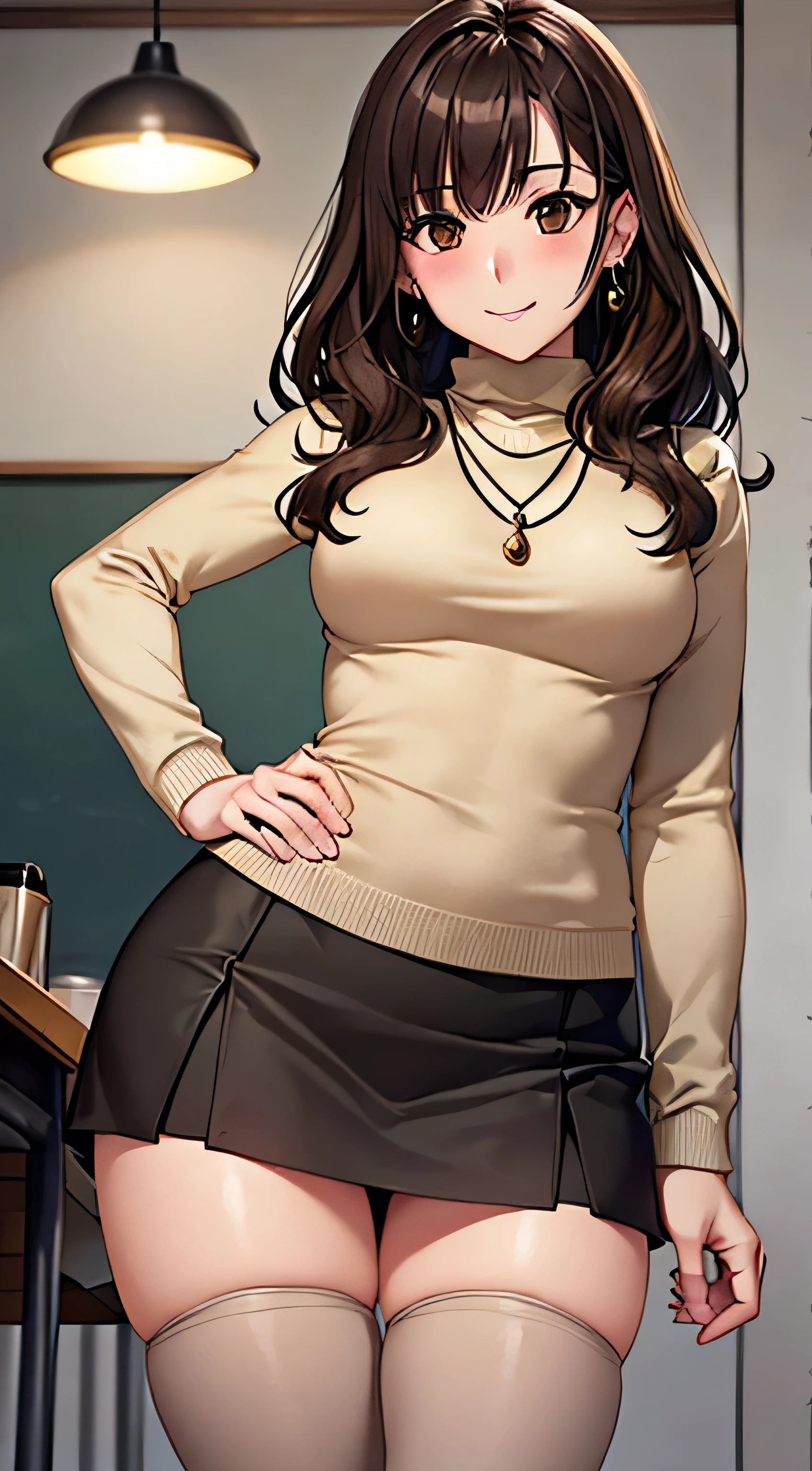 (Tabletop, highest quality, High resolution, , Perfect Pixel, 4K,), 1 girl, single, alone, Beautiful woman、I could see the whole body、 ((Wavy mid-length hair, bangs, Brown Hair)), ((Brown eyes, Beautiful eyelashes, Realistic eyes)), ((Detailed face, blush:1.2)), ((Smooth texture:0.75, Realistic texture:0.65, Realistic:1.1, Anime CG Style)), Medium chest, Dynamic Angle, Perfect body, ((, female teacher, , Earrings、necklace、Beige Turtleneck Sweater、black long flared skirt、Black knee-high stockings、、A shy smile、Put your hands behind your back、Leaning forward、look back)), Superior、、、evening、、(、、、Angle from below)、