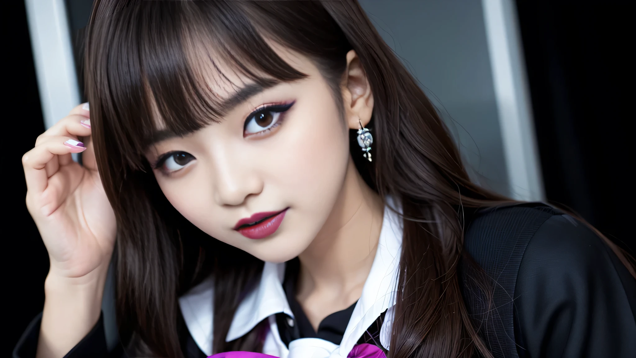 One woman、best quality、ultra-detailed、4k、Japanese、Seductive beauty、seductive adult woman、Pretty Woman、cool girl、Villainess、Brainwashed、brainwash、Fallen into evil、smirk、Evil look、Wicked Smile、evil、Brown hair、wavy hair、swept bangs、dark makeup、dark makeup、piercing eyes、hollow eyes,half-closed eyes、Hollow Eyes、purple Eyeshadow、black lipstick、black lipglos、Female student、uniform、Sailor suit、night、inside darkroom、Having lipstick、