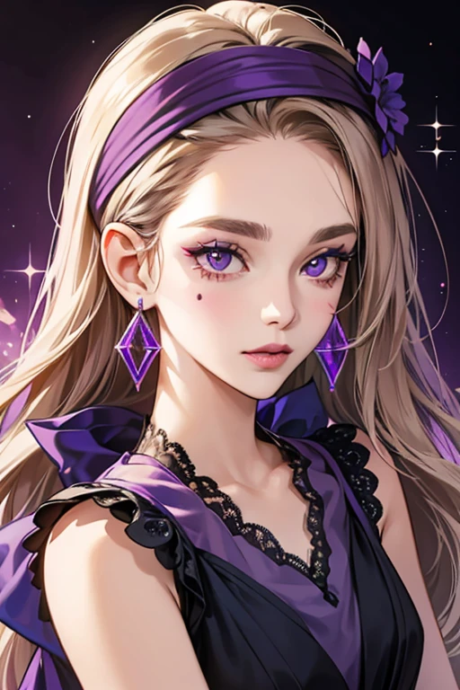 She is a lavender  with dark blonde hair and purple lips. She wears a dark purple dress, a dark purple headband, and blue earrings. She also has a beauty mark beneath her left eye. SPARKLE; GLITTER