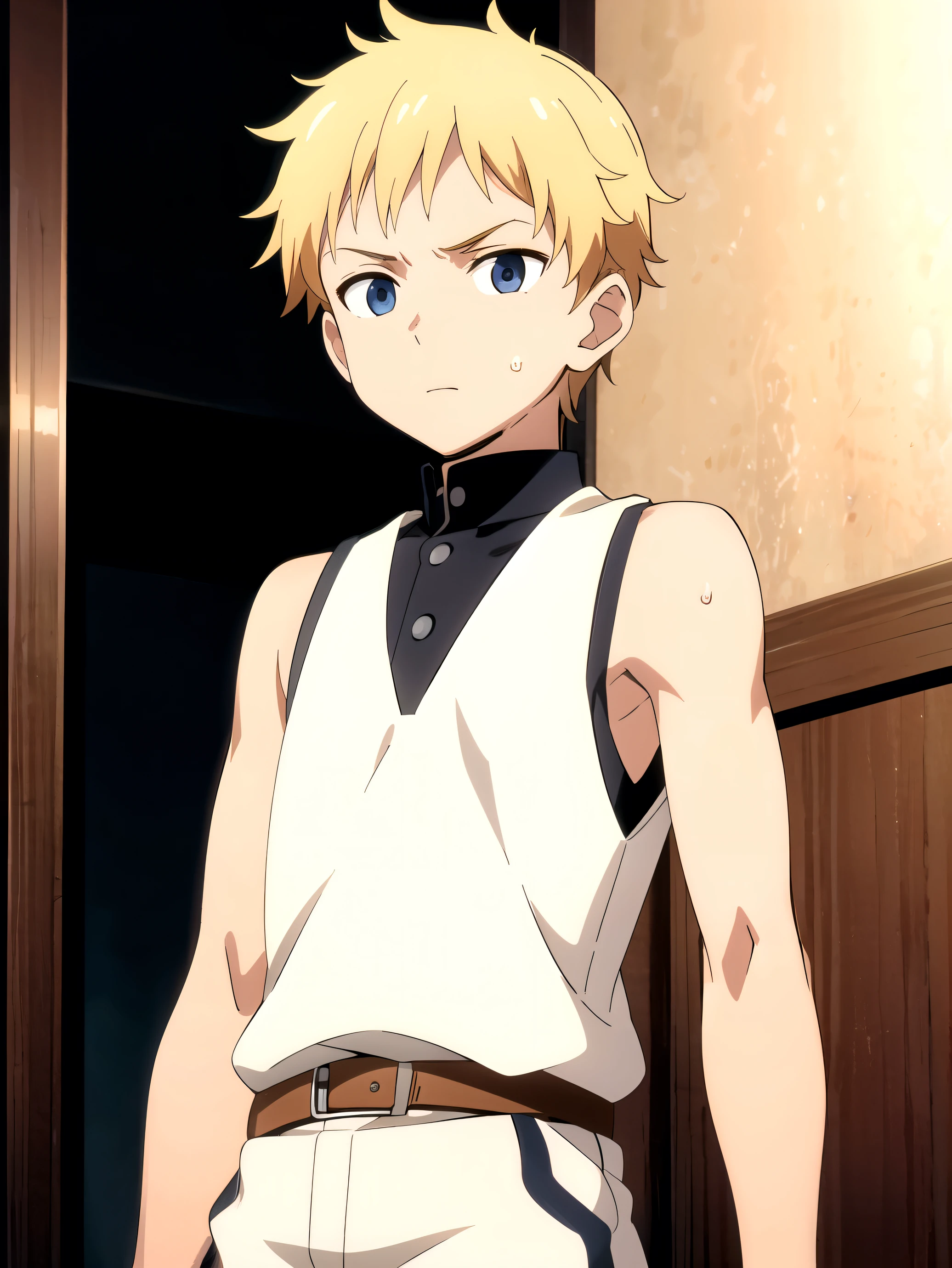 Highres, Masterpiece, Best quality at best,Best Quality,hight quality, hight detailed, 1boy, Blonde, Earring, Shota, Sheer dress, Sweat, Slim body, Upper body, Depth of field, Anime Screencap Style, Seen from front, (very small and short stature), (very young boy), s, Blurry beckground