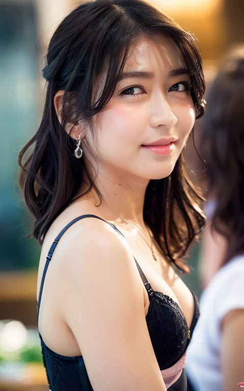 Highly detailed CG Unity 8k wallpaper, top quality, super detailed, masterpiece, realistic, photorealistic, highly detailed cute girl, (25 years old), blush, round eyes, medium breasts, full body shot, wearing bra, sitting on office, focused into camera, see through bra, wearing tight panties, wear earrings, wear bracelet, wear necklace, sweating body, wet body, sweat droplet on her body, shy smile, 1 men stroked from behind, far angle photoshot, talking with 1 men,