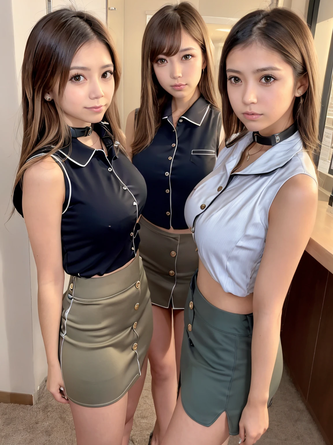 (highest quality:1.5),(8K:1.5),(masterpiece:1.5),(High resolution:1.5),(Three gals:1.5),(Tight sleeveless business blouse with buttons and collar:1.5),(A tight mini skirt with a slit:1.3),(Huge breasts:1.5),Thin and beautiful legs,Narrow waist,(A seductive expression of pleasure with narrowed eyes:1.5),living,Looking at this,Beauty,Beautiful down to the last detail,Cinema lighting,(Brown skin 1.5),Brown Hair,(Heavy makeup 1.4),whole body