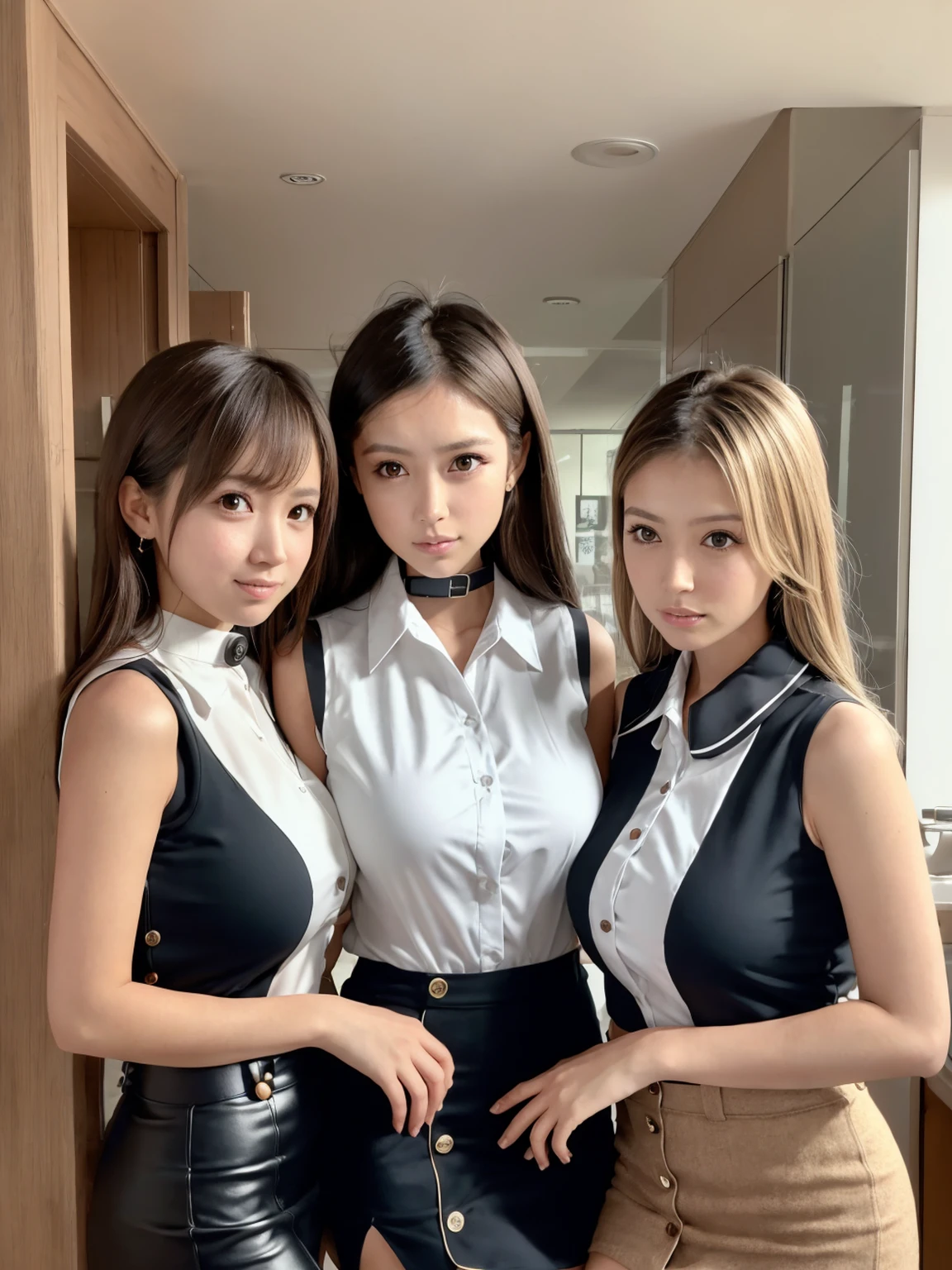 (highest quality:1.5),(8K:1.5),(masterpiece:1.5),(High resolution:1.5),(Three gals:1.5),(Tight sleeveless business blouse with buttons and collar:1.5),(A tight mini skirt with a slit:1.3),(Huge breasts:1.5),Thin and beautiful legs,Narrow waist,(A seductive expression of pleasure with narrowed eyes:1.5),living,Looking at this,Beauty,Beautiful down to the last detail,Cinema lighting,(Brown skin 1.5),Brown Hair,(Heavy makeup 1.4),whole body