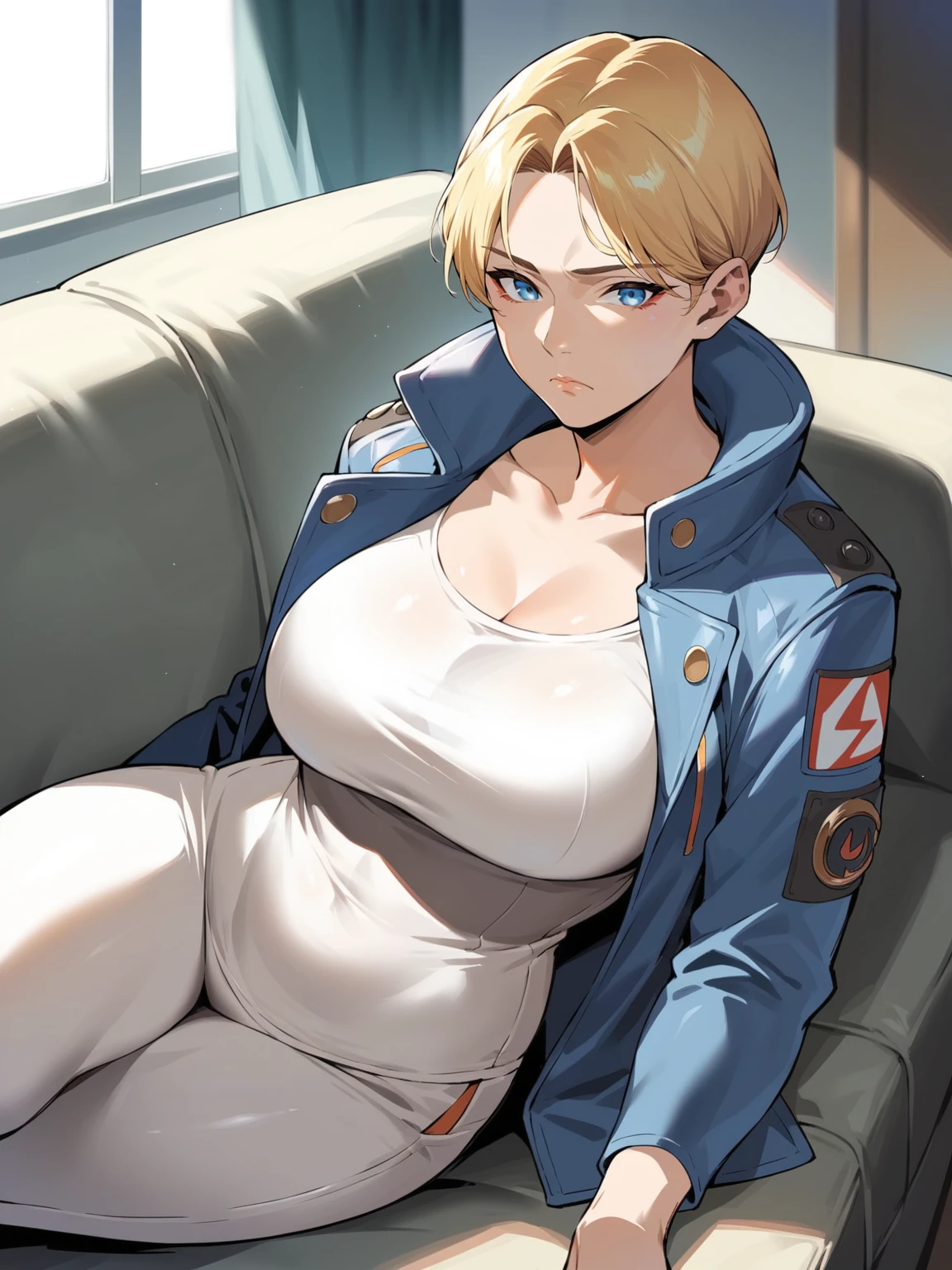 Score_9, score_8_up, score_7_up, source_anime, 1girl, solo, large , jacket, blonde, blue eyes, apex legends, mature,e femalehed, sfw, rating:general, indoors, home, couch, lying down, leaning on couch, frown, ikuchan