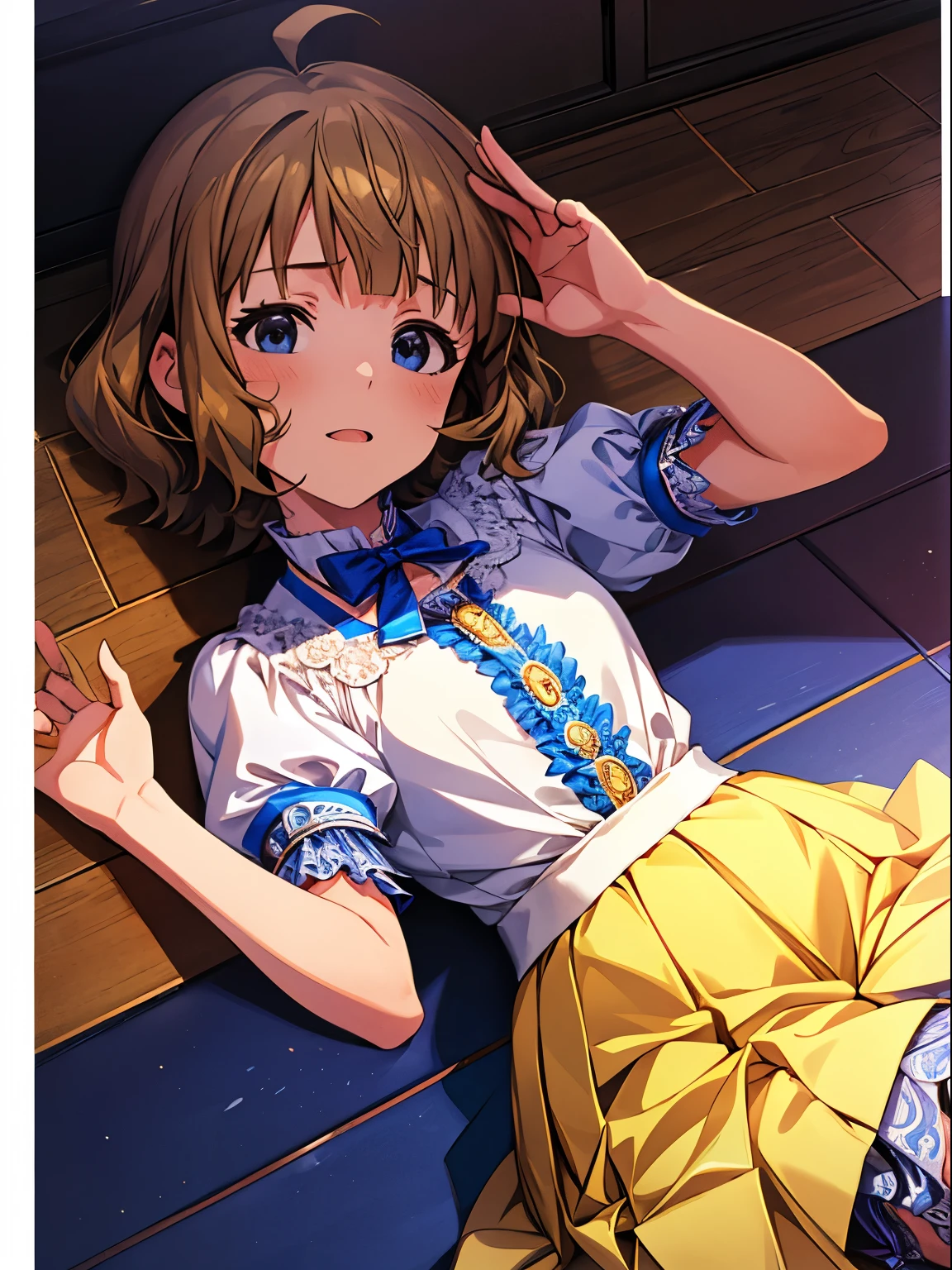 momoko suou (million live), 1 girl, Solo, Cute Girl,Best Quality, Ultra-detailed, 8K, High resolution, detailed face, blue blouse, collared blouse, lacy collar, short sleeves, puffy sleeves, light yellow skirt, pleated skirt, looking at viewer, (lying on the floor, on back),
