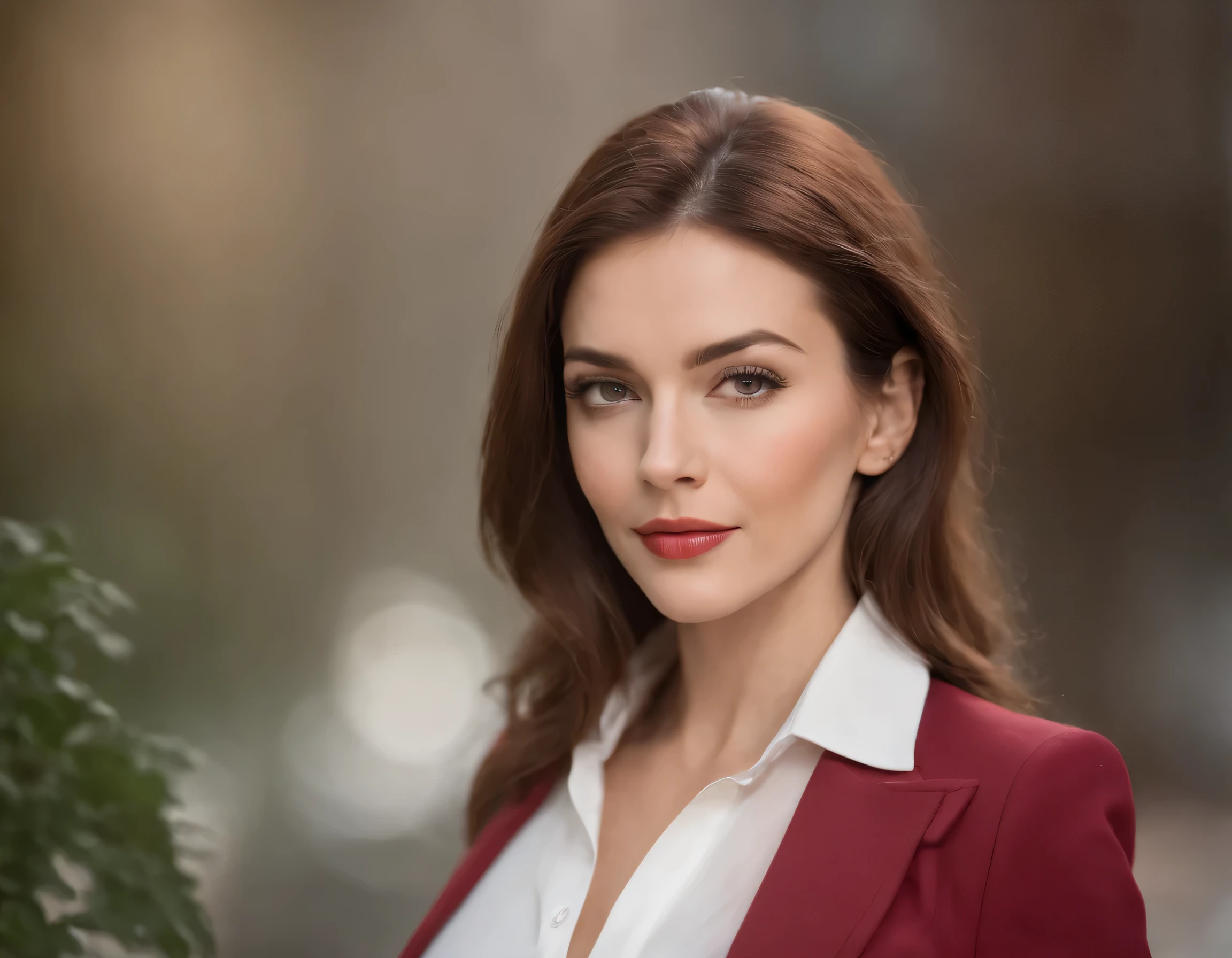 business woman, masterpiece, high quality photography, correctly focused, ((half body)) ((perfect anatomy)), mature and beautiful woman, in exclusive cherry red business suit, wonderful hair, beautiful and bright eyes with a challenging look: 1.5 ((businesswoman)). (perfect focus photo), no background, PNG format