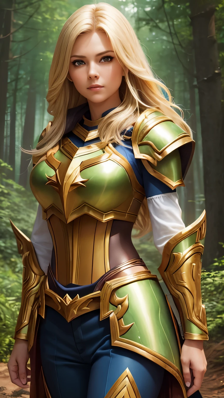 (Highly quality, highly resolutions, highly detailed, masterpiece), Alleria Windrunner, Forest background, 1girl, blonde hair, Breastplate, shoulder pads, brown pants