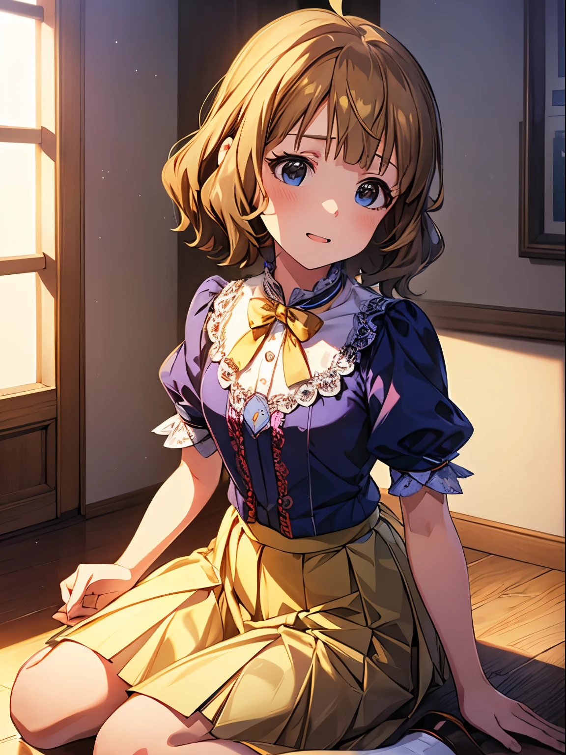 momoko suou (million live), 1 girl, Solo, Cute Girl,Best Quality, Ultra-detailed, 8K, High resolution, detailed face, blue blouse, collared blouse, lacy collar, short sleeves, puffy sleeves, light yellow skirt, pleated skirt, looking at viewer, kneeling, sitting on the floor,