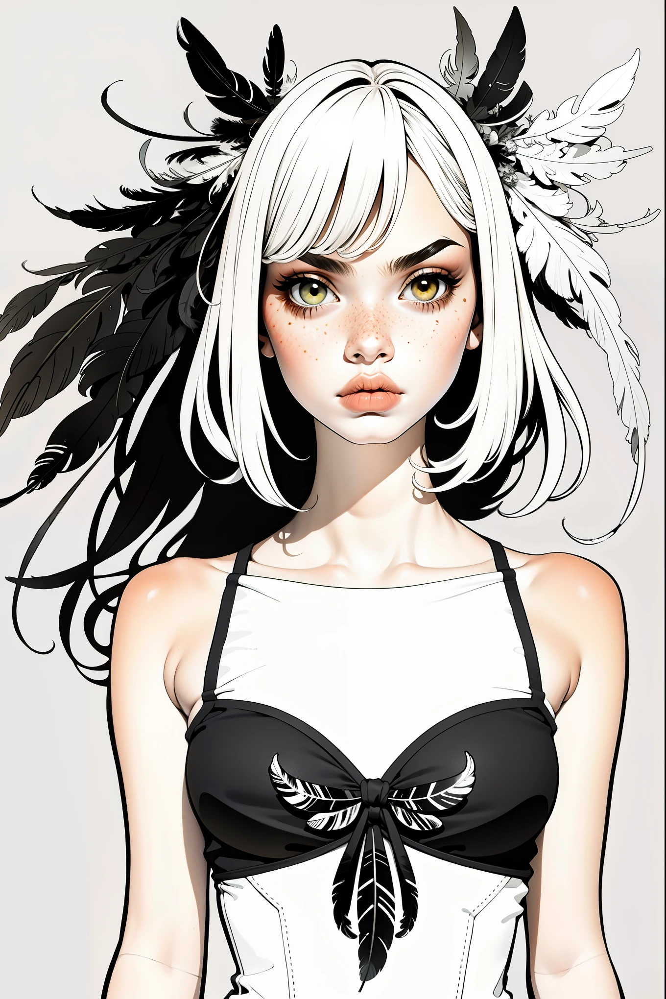 Partially colored, lineart style, (masterpiece, best quality:1.2), (simple background:1.5), 1girl, (black and white feathers, symmetrical composition:1.25)
