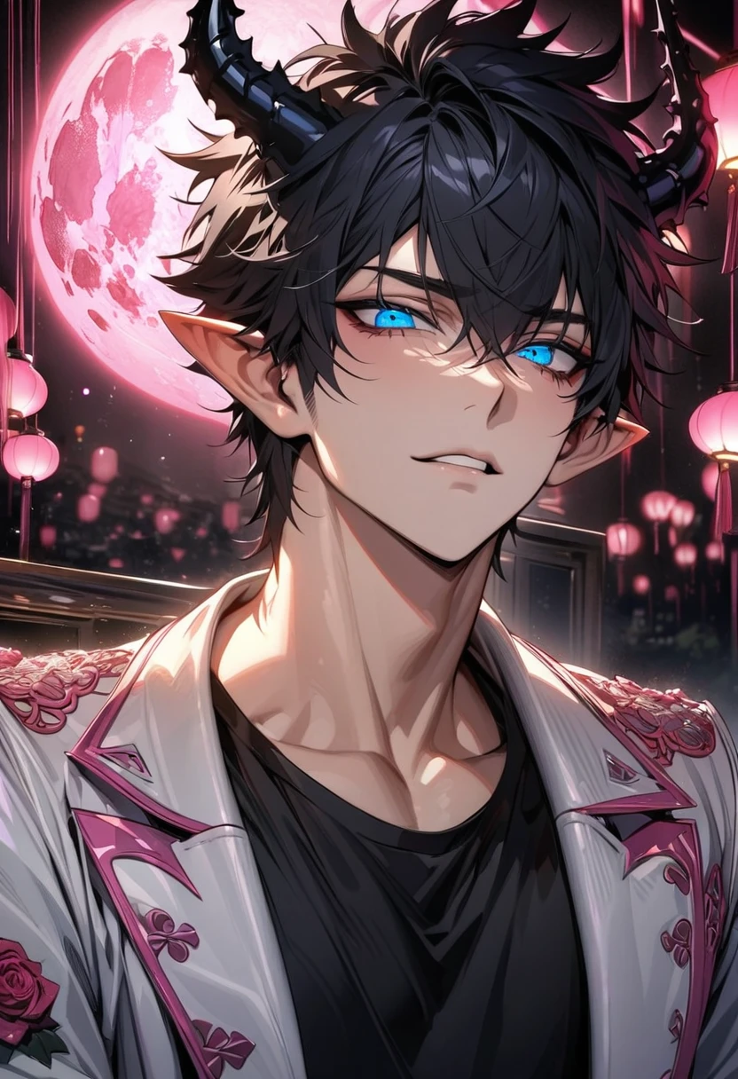 absurdres, highres, ultra detailed, HDR, masterpiece, extremely detailed face and eyes, Ren Zotto, black hair, expressive blue eyes, black horns, pointy ears, Vtuber, solo, sexy man, handsome, pink roses, pink curtains, shining pink lanterns, pink moon, white jacket, black shirt, patterns