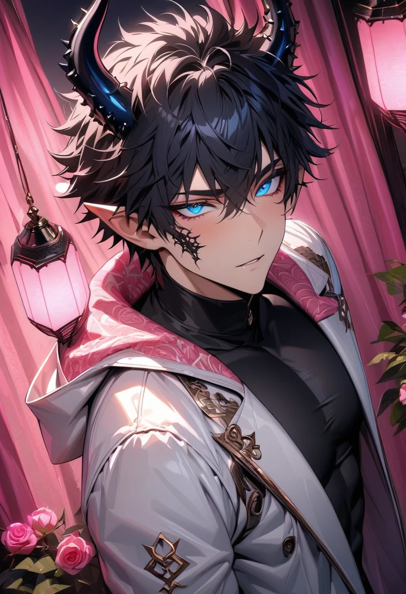 absurdres, highres, ultra detailed, HDR, masterpiece, extremely detailed face and eyes, Ren Zotto, black hair, expressive blue eyes, black horns, pointy ears, Vtuber, solo, sexy man, handsome, pink roses, pink curtains, shining pink lanterns, pink moon, white jacket, black shirt, patterns
