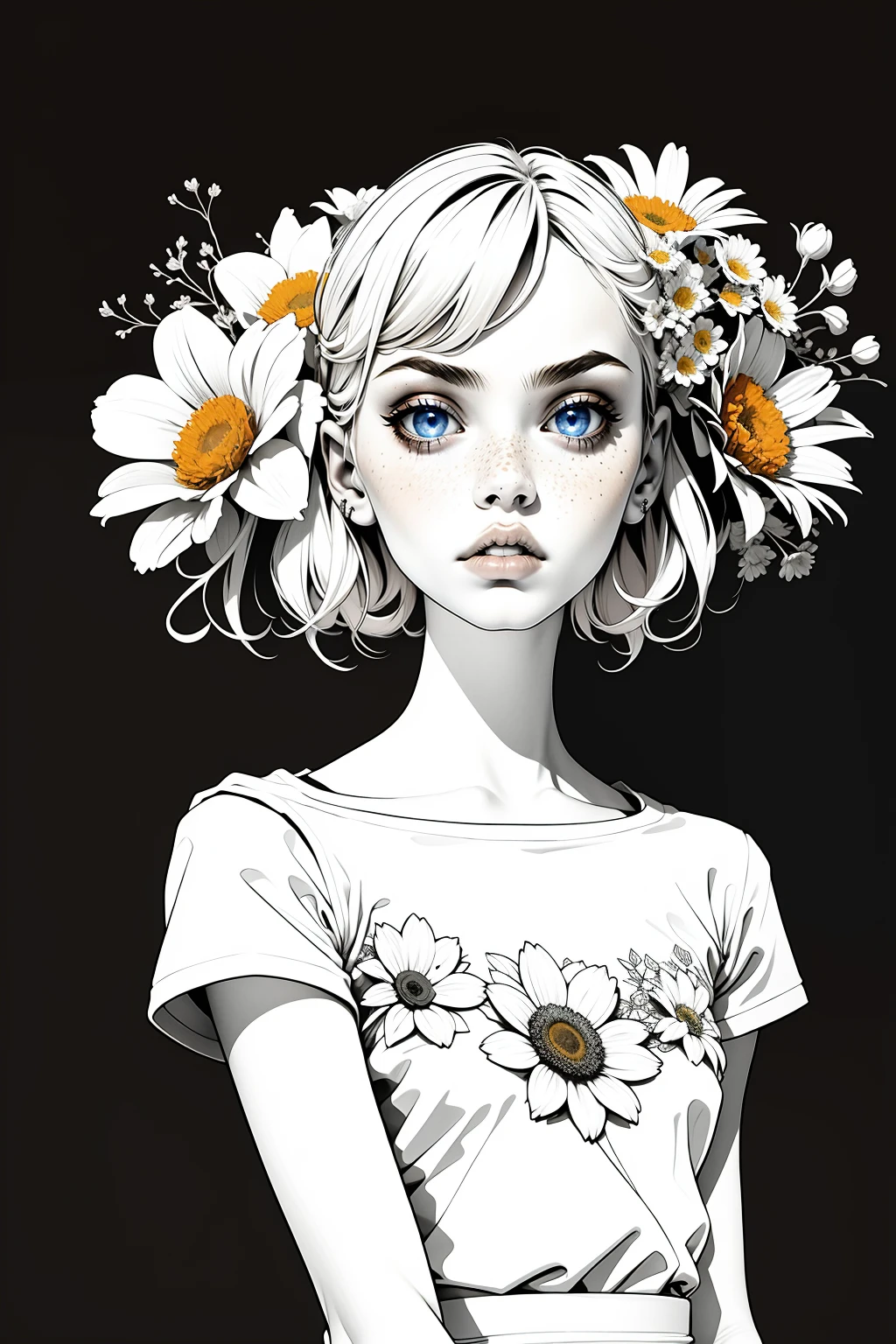 Partially colored, lineart style, (masterpiece, best quality:1.2), (simple background:1.5), 1girl, (black and white flowers, symmetrical composition:1.25)
