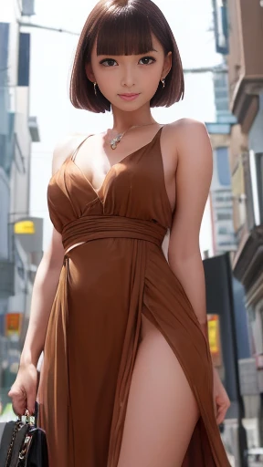 (masterpiece, highest quality, RAW Photos, Surrealism, 8k, Very detailed, so beautiful),
(Anatomically correct, The perfect human body, Silky skin, Realistic Skin, country, , Japanese Girls, Bored face, Narrow waist, Thin legs, Large Breasts, Bab Beautiful and cute face),
(Round face, Black Hair, Watery eyes, Shining Eyes, Short Bob Cut, bangs, Lowered eyebrows, Small earrings, Lightly reddish),
(Turn your body forward), (View your viewers),
(Smile of the Goddess),
(monotone long dress, Luxury Bags)
(City Sidewalk, Tokyo, Luxury Buildings, A large number of passers-by),
Natural light, full length, whole body, Angle from below