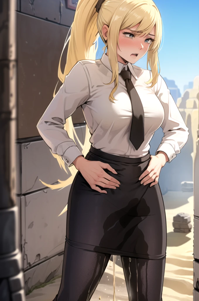 samus aran, facing viewer, ponytail, large breasts, hair tie, black suit, black business outfit, necktie, business pants, belt, (standing straight1.5), peeing herself, (wetting herself:1.5), very large peeing stain, huge pee stain, best quality, ultra-detailed, HDR, studio lighting, professional, vivid colors, sharp focus, physiologically-based rendering, bokeh, landscape, soft lighting, dynamic shadows, (hands on hips:2.0), embarrassed, humiliation, blushing, angry, tears, (desert:1.5), (sand:1.5), rocks, (canyon:1.5), (day:1.5), (daytime:1.5)