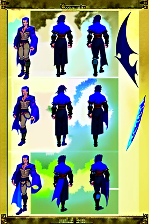 character sheet, complete, view and side view, rpg creator:: Swordsman, Castlevania style, spritesheet creator top to bottom:: --ar 7:5