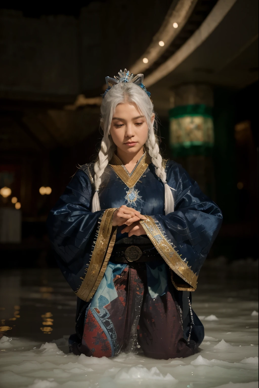 (Best quality, 8k, 32k, Masterpiece, UHD:1.2) Transform the image into the majestic Kingdom of the Northern Water Tribe from Avatar: The Last Airbender. Envision a sprawling city made of ice and snow, with towering palaces and intricate ice sculptures adorning the streets. Glowing lanterns cast a soft light over the frozen landscape, while the sound of flowing water echoes through the city's canals. In the center of it all stands the magnificent Northern Water Tribe palace, its shimmering spires reaching towards the sky. Beneath the icy surface, powerful waterbenders practice their craft, bending water into intricate patterns and shapes. The air is filled with a sense of magic and wonder, as visitors from across the world marvel at the beauty and power of the Water Tribe's home. ((water)) ((ice))
