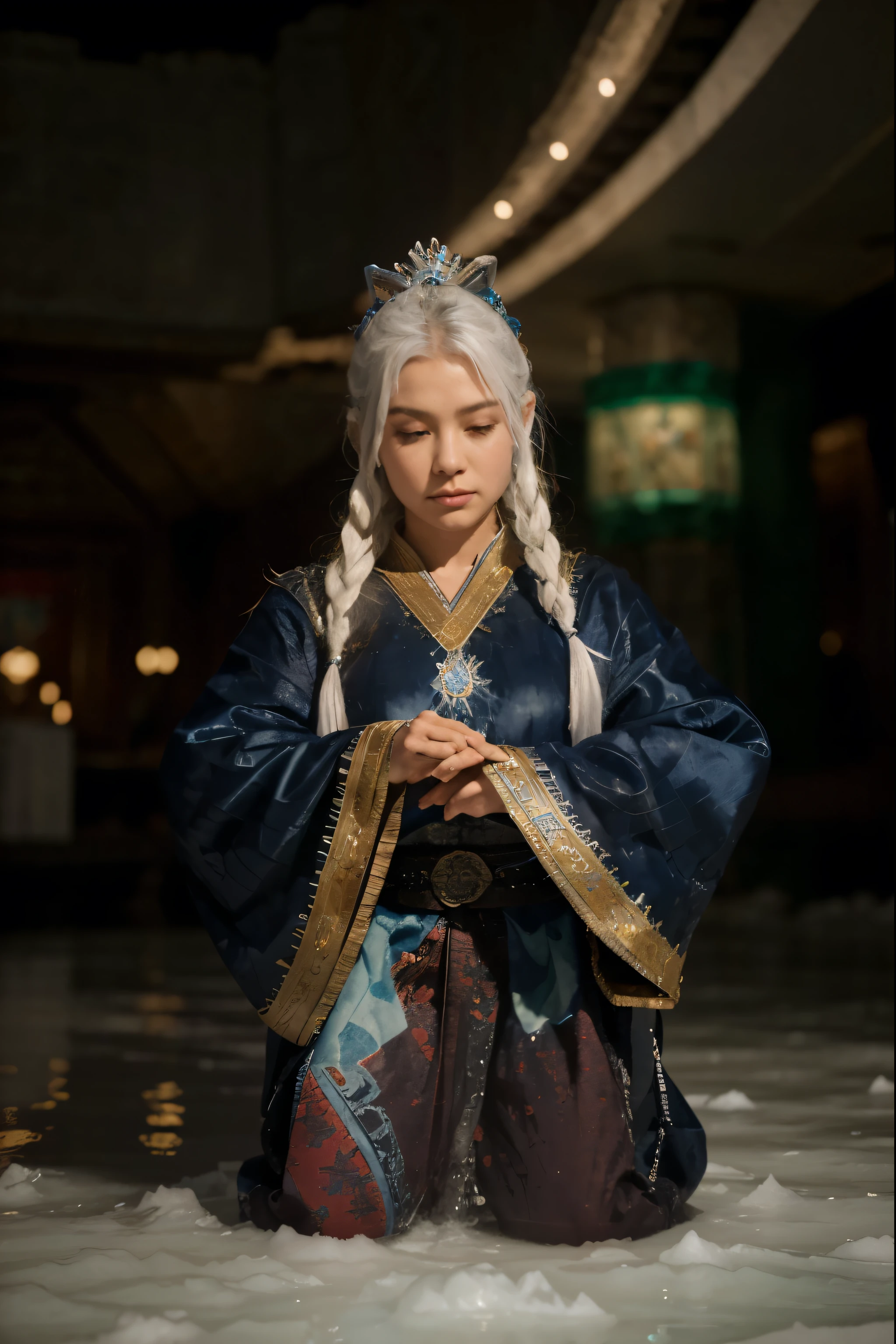 (Best quality, 8k, 32k, Masterpiece, UHD:1.2) Transform the image into the majestic Kingdom of the Northern Water Tribe from Avatar: The Last Airbender. Envision a sprawling city made of ice and snow, with towering palaces and intricate ice sculptures adorning the streets. Glowing lanterns cast a soft light over the frozen landscape, while the sound of flowing water echoes through the city's canals. In the center of it all stands the magnificent Northern Water Tribe palace, its shimmering spires reaching towards the sky. Beneath the icy surface, powerful waterbenders practice their craft, bending water into intricate patterns and shapes. The air is filled with a sense of magic and wonder, as visitors from across the world marvel at the beauty and power of the Water Tribe's home. ((water)) ((ice))