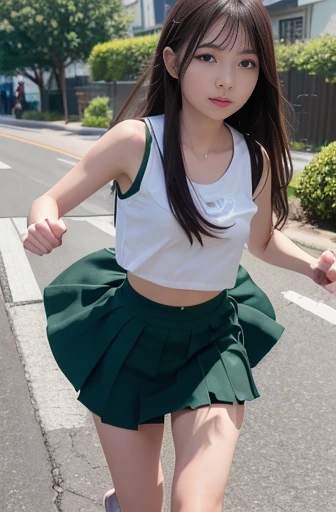 best quality, detailed, beautiful, insanely detailed, absurdres,perfect anatomy,
Japanese female,black hair,27 years old,
(slender),
(small breasts best quality),bicycle,
medium long shot, Girls' Front, thick thighs, floating long hair, detailed beautiful face, xd, (green sleeveless shirt:1.1), (white frilled skirt:1.1), crop top,(Scene of running on a bicycle:1.3)