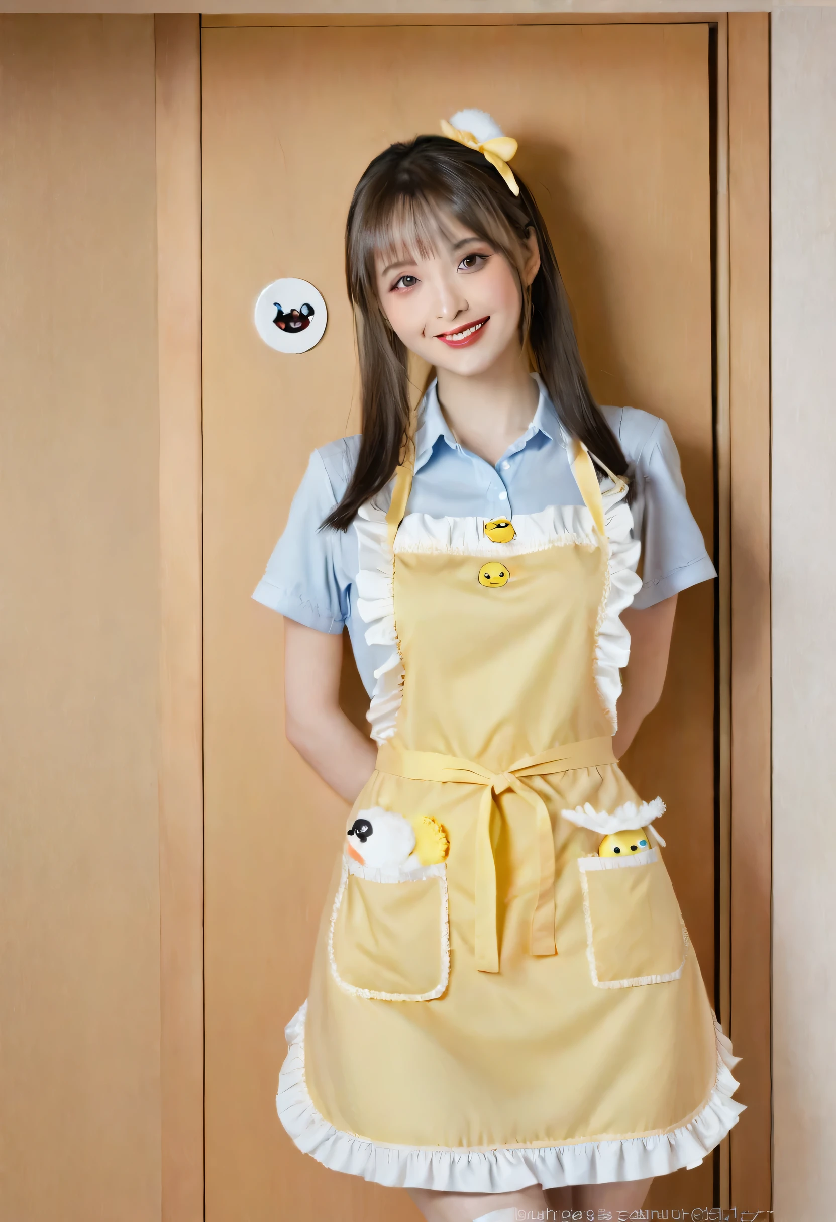 masterpiece、Mastepiece、22 year old anime girl、smile、Long Hair、Clear eyes、Apply lipstick、Adult women、Wear a yellow apron、Apron with chick design、Full Body Shot、The background is the door of the apartment