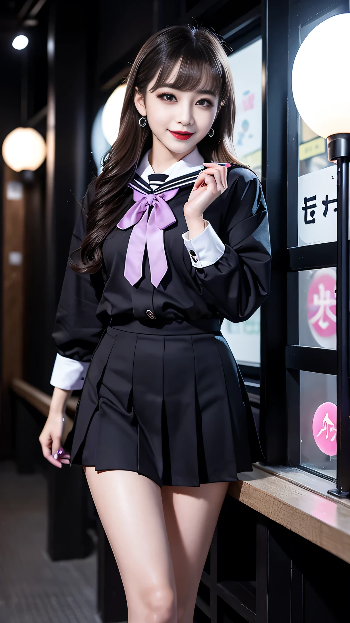 best quality、ultra-detailed、4k、Japanese、Seductive beauty、seductive adult woman、Pretty Woman、cool girl、Villainess、Brainwashed、brainwash、Fallen into evil、smirk、Evil look、Wicked Smile、evil、Brown hair、wavy hair、swept bangs、dark makeup、dark makeup、piercing eyes、hollow eyes,half-closed eyes、Hollow Eyes、purple Eyeshadow、black lipstick、black lipglos、Female student、uniform、Sailor suit、night、inside darkroom、Applying lipstick、Are standing、Shining Legs、Beautiful feet、Tempting