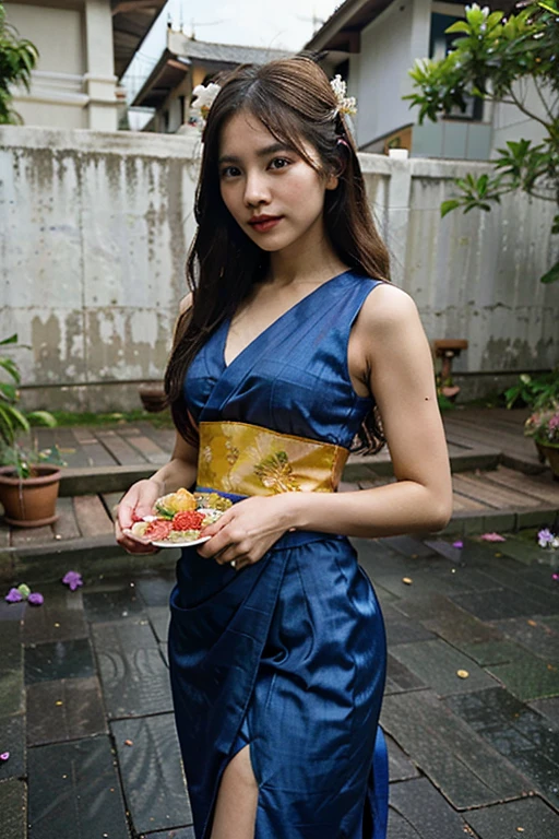 Masterpiece,Row photo, details, hyper realistic,arafed woman in a blue sari holding a plate of flowers, sukhothai costume, in style of thawan duchanee, "Loy Krathong Festival", traditional beauty, anime thai girl, south east asian with long, nivanh chanthara, traditional, thailand art, traditional art, tithi luadthong, traditional dress, traditional tai costume, traditional clothes,8K, full body shoot, lightings,so beautiful golden Temple background