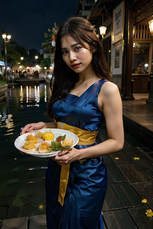 Masterpiece,Row photo, details, hyper realistic,arafed woman in a blue sari holding a plate of flowers, sukhothai costume, in style of thawan duchanee, "Loy Krathong Festival", traditional beauty, anime thai girl, south east asian with long, nivanh chanthara, traditional, thailand art, traditional art, tithi luadthong, traditional dress, traditional tai costume, traditional clothes,8K, full body shoot, lightings,so beautiful golden Temple background