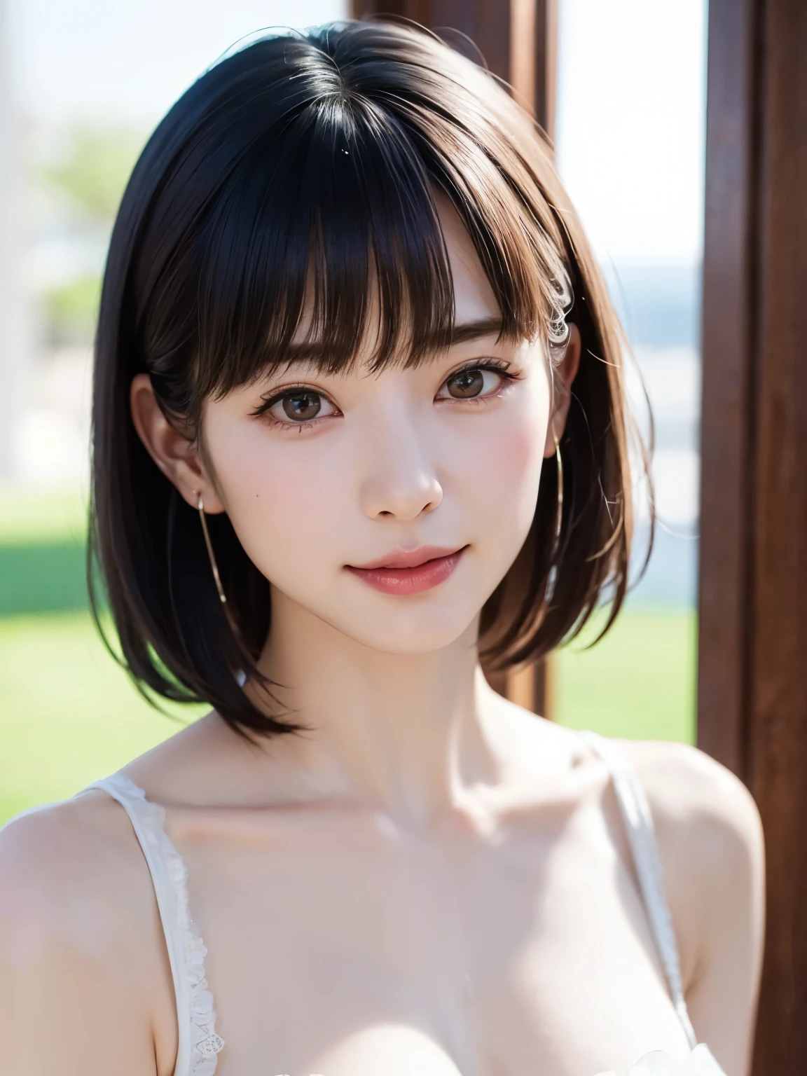 1 girl、highest quality、Realistic、alone、Written boundary depth、Natural soft light、Daytime、charm、Beautiful Face、Cleanliness、Pure Face、White skin、cute、Bob Hair、short hair、bright hazel eyes:1.6、Beautiful Lips、美しいLong neck、Beautiful décolletage、bangs、Beach、Light of the sun、Nedium Breast Body Esbian、((黄金比のBeautiful Face、 対称性のあるBeautiful Face、Dutch Angle Shot、Elevation))、Long neck、Show me your ears、Stick out your ears。bangsのあるきれいな短いBob Hair、smile with your mouth closed、Perfect hands指、Perfect hands、Perfect body、Perfect Face、Shine a light into your eyes、Perfect Anatomy:1.6、とてもcuteスーパーモデル:1.6、{Huge|big|Hugeな|Mega} chest, chestの谷間、smile:1.6、Very beautiful teeth:1.6
