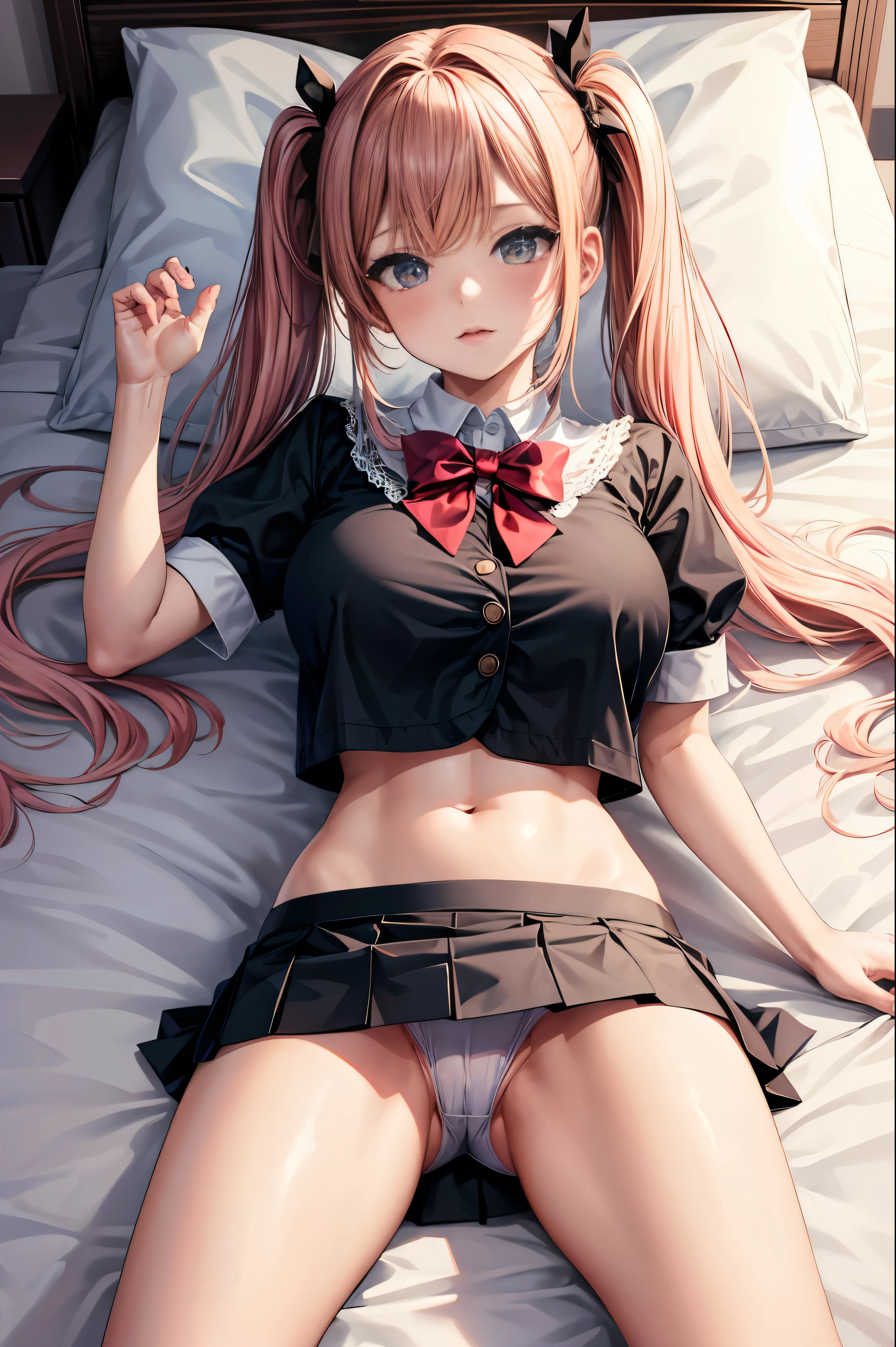 masterpiece,最high quality,high quality,4k,8K,High resolution,Full HD,20 year old beautiful girl,big bust,D cup,twin tails,uniform,mini skirt,thong shorts,On your back,M-shaped spread legs,on the bed,pastel colored room