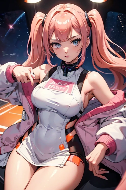 intricated details, gorgeous 25 year old woman, ponytails, pink hair, wearing a space dress white and orange, serious looking but somewhat cute, looking at the viewer, in a space station, close up, anime style, digital art, 8k