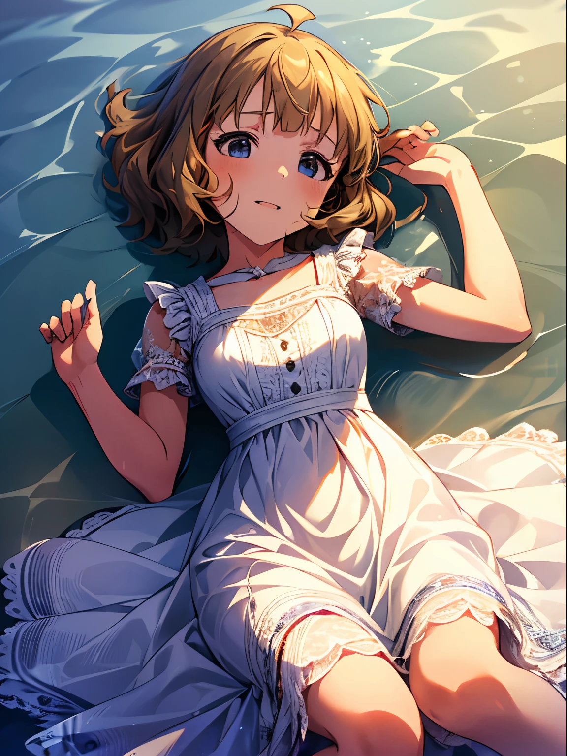 momoko suou (million live), 1 girl, Solo, Cute Girl,Best Quality, Ultra-detailed, 8K, High resolution, detailed face, sun dress, white dress, frilled dress, lacy dress, ((lying on the water, on back, floating on the water)), (wet hair, wet clothes, wet skin,)