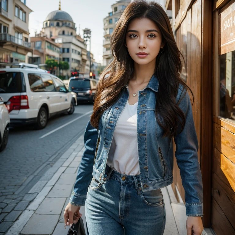 (8k, highest quality, ultra detailed:1.37), (Ecce), 18yo, (a stylish young Turkish woman), walks confidently through the streets of Istanbul, dressed in trendy urban fashion. She wears a chic leather jacket with jeans, paired with fashionable accessories. The high-resolution image captures ultra-detailed realism, highlighting Ecce's captivating eyes, long eyelashes, and flawless complexion. The vibrant cityscape of Istanbul serves as a backdrop, creating a visually striking representation of modern Turkish style.