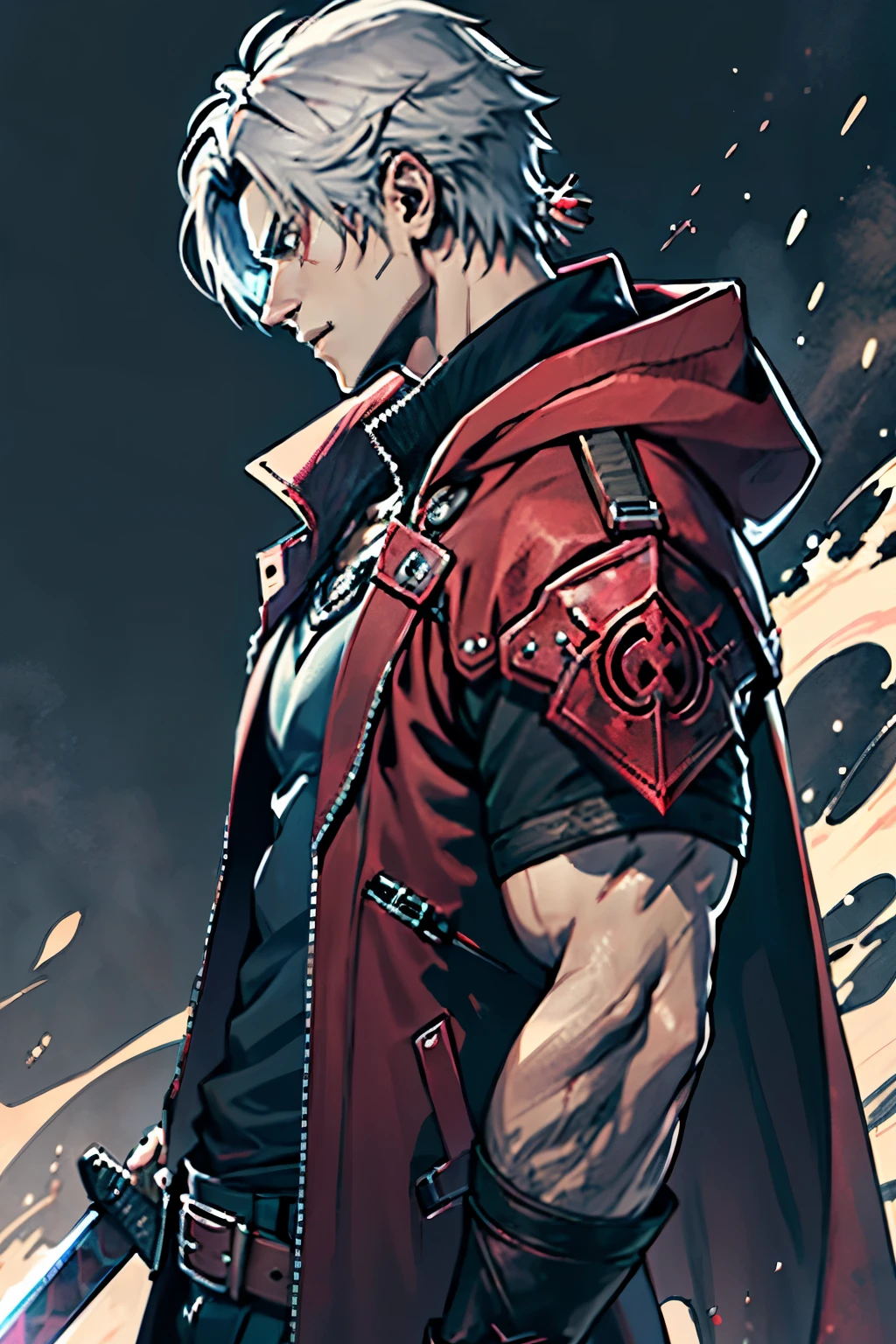 profile picture with the face of Redgrave Dante from the game Devil may Cry in a red cloak, on a dark background, with a sword on his back, with a half-demonic face