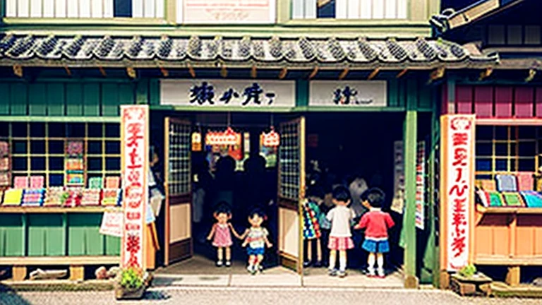 Children shopping at a candy store、Old Japanese tiled house、Scene of children playing、A crowd of children playing in front of a candy store、Children&#39;s smiling faces、Children&#39;s smiling faces、Children&#39;s smiling faces、Grandma poster girl of a candy store、Candy Shop Mask、Showa era masks、Hyotko mask、Japan candy shop、Japan candy shop、Sweets and snacks in the store、There are lots of things to play with and play equipment