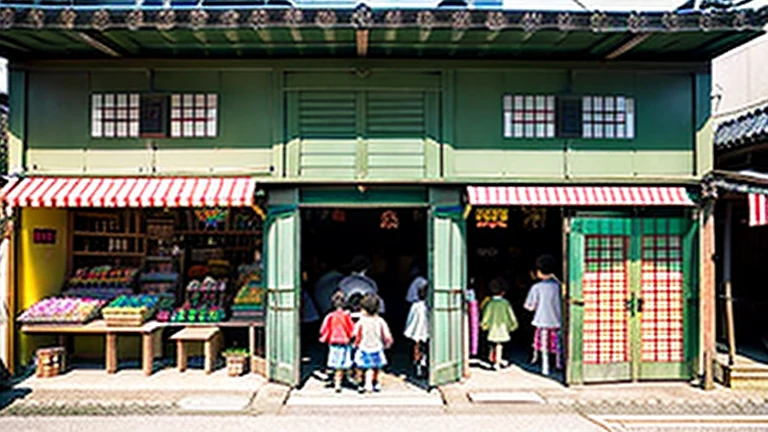 Children shopping at a candy store、Old Japanese tiled house、Scene of children playing、A crowd of children playing in front of a candy store、Children&#39;s smiling faces、Children&#39;s smiling faces、Children&#39;s smiling faces、Grandma poster girl of a candy store、Candy Shop Mask、Showa era masks、Hyotko mask、Japan candy shop、Japan candy shop、Sweets and snacks in the store、There are lots of things to play with and play equipment