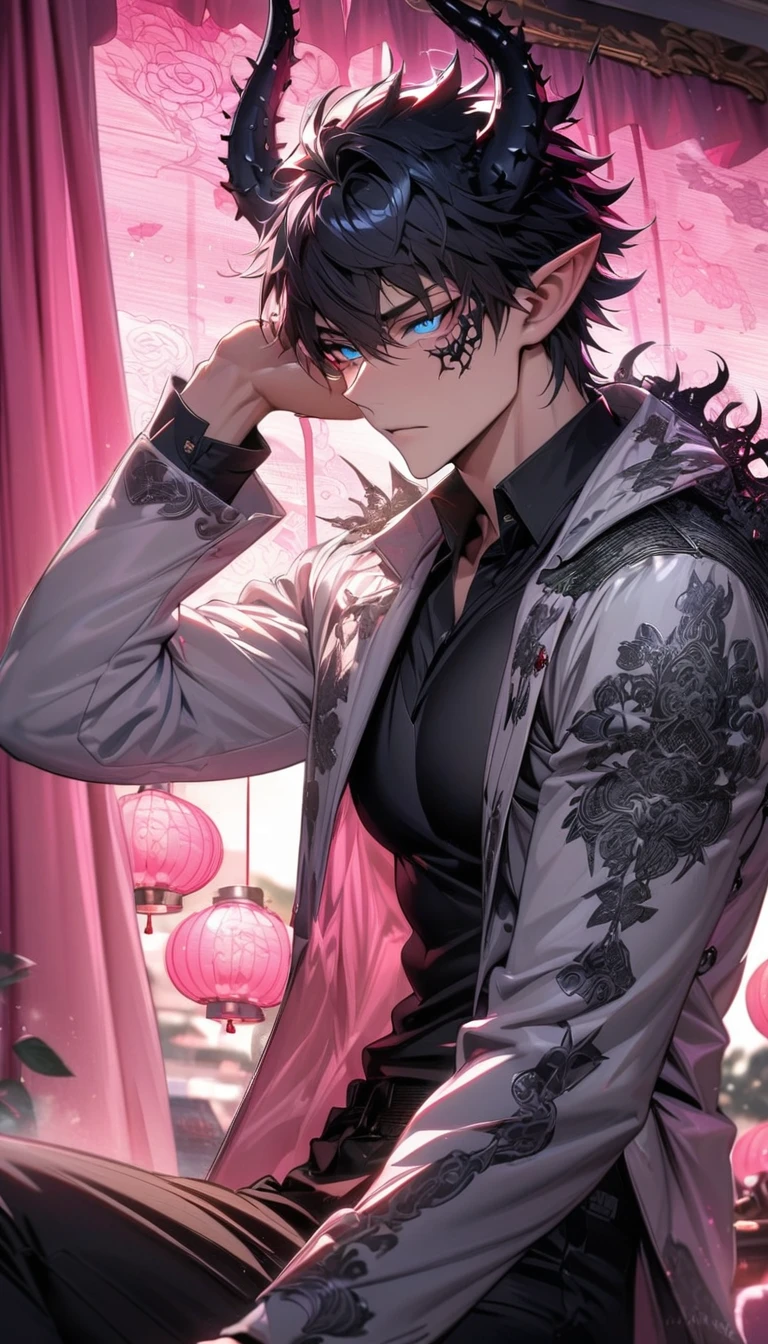 absurdres, highres, ultra detailed, HDR, masterpiece, extremely detailed face and eyes, Ren Zotto, black hair, expressive blue eyes, black horns, pointy ears, Vtuber, solo, sexy man, handsome, pink roses, pink curtains, shining pink lanterns, pink moon, white jacket, black shirt, black pants, patterns