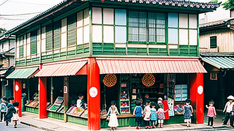 Children shopping at a candy store、Old Japanese tiled house、Scene of children playing、A crowd of children playing in front of a candy store、Children's smiling faces、Children's smiling faces、Children's smiling faces、Grandma poster girl of a candy store、Candy Shop Mask、Showa era masks、Hyotko mask、Japan candy shop、Japan candy shop、Sweets and snacks in the store、There are lots of things to play with and play equipment