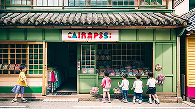 Children shopping at a candy store、Old Japanese tiled house、Scene of children playing、A crowd of children playing in front of a candy store、Children&#39;s smiling faces、Children&#39;s smiling faces、Children&#39;s smiling faces、Grandma poster girl of a candy store、Candy Shop Mask、Showa era masks、Hyotko mask、Japan candy shop、Japan candy shop、Sweets and snacks in the store、There are lots of things to play with and play equipment