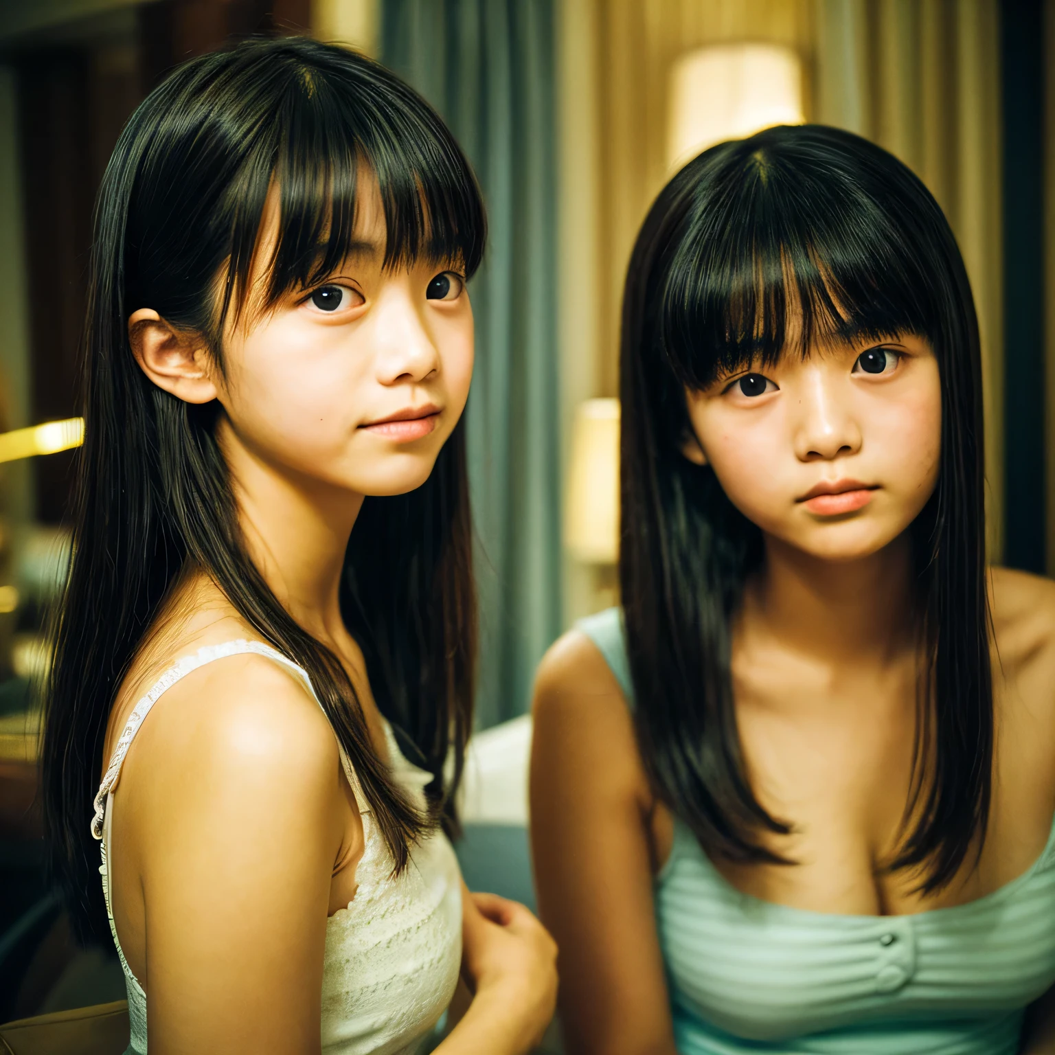 Identical twin sisters、、bangss、Hotel、Shallow depth of field