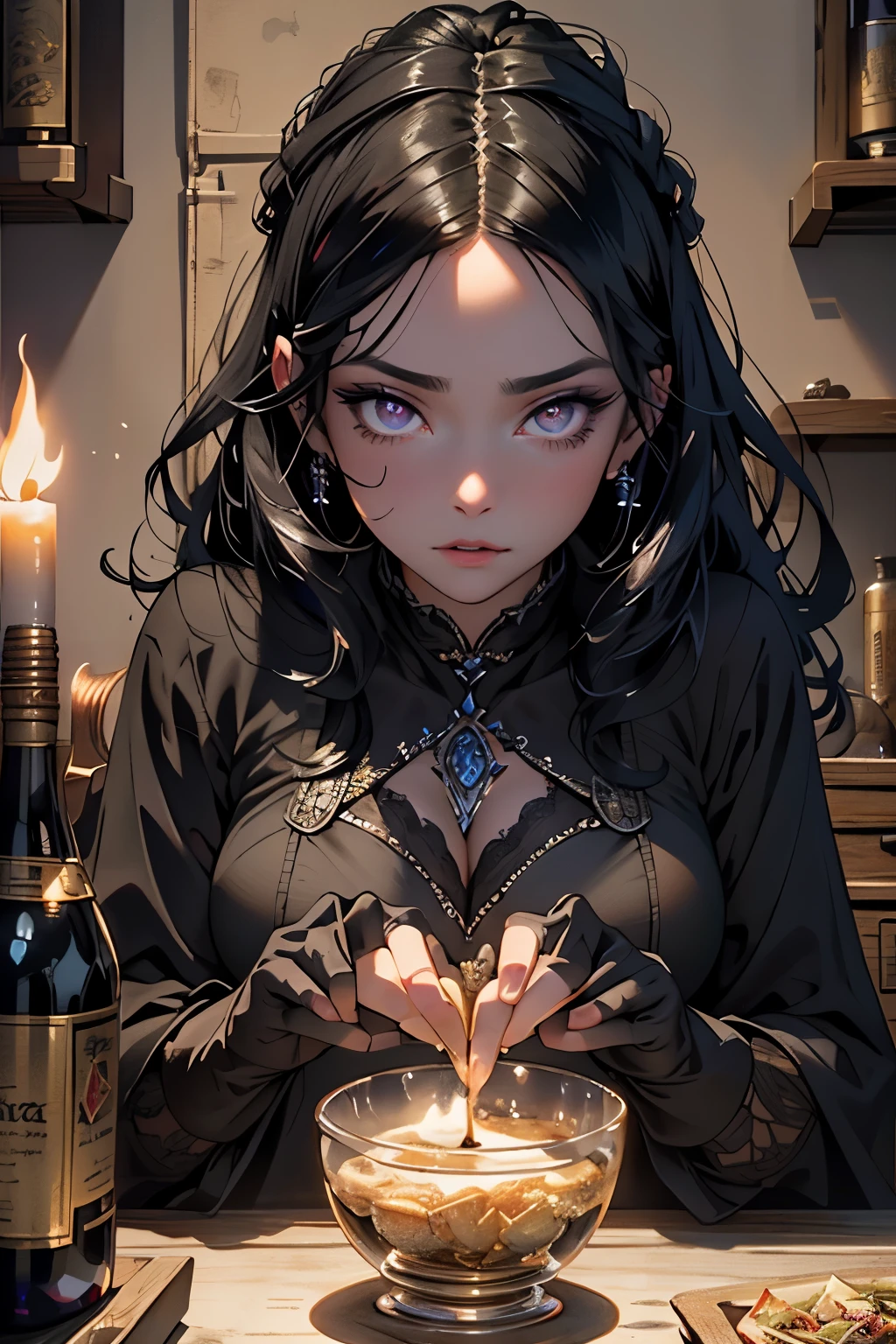 Beautiful black-haired woman, embodying the alluring character of Yennefer from Vengerberg, boasts violet eyes that hold an inexplicable allure and radiate an enchanting aura. The captivating image immerses you in the medieval tavern scenery, with Yennefer seated engrossed in the flickering glow of candle lights. The extreme quality of this masterpiece, showcasing every intricate detail of her features in 16k resolution, testifies to the top-quality artistry of the photographer. The drama of the lighting illuminates her captivating countenance, casting elusive shadows that emphasize her perfect facial features: the