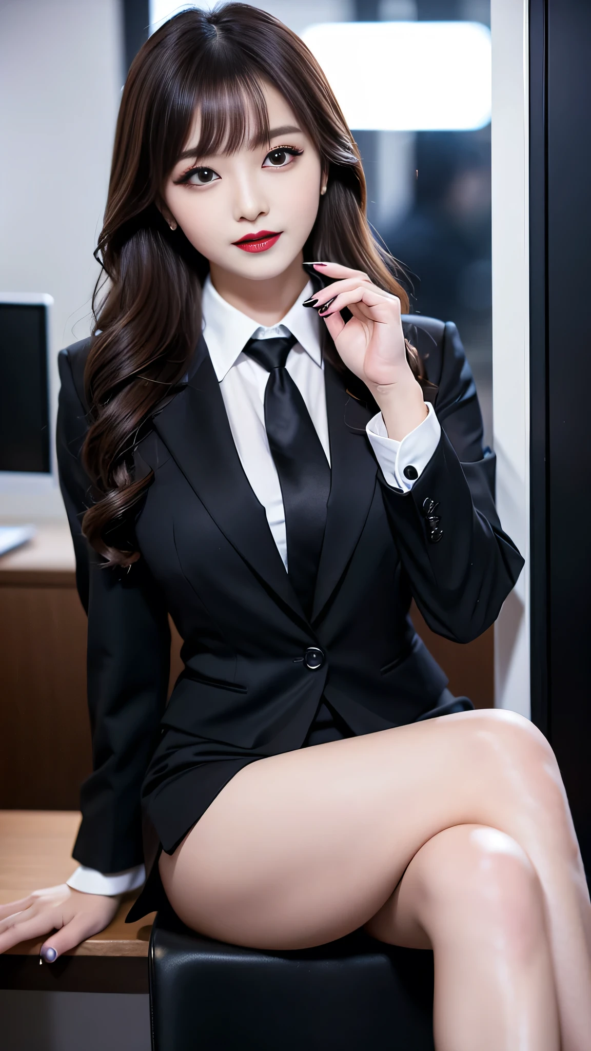 best quality、ultra-detailed、4k、Japanese、Seductive beauty、seductive adult woman、Pretty Woman、cool girl、Villainess、Brainwashed、brainwash、Fallen into evil、smirk、Evil look、Wicked Smile、evil、Brown hair、wavy hair、swept bangs、dark makeup、dark makeup、piercing eyes、hollow eyes,half-closed eyes、Hollow Eyes、purple Eyeshadow、black lipstick、black lipglos、office lady、uniform、suit、Jacket、White blouse、Tight Skirt、night、inside darkroom、Applying lipstick、Are standing、Shining Legs、Beautiful feet、Tempting