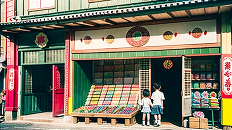 Children shopping at a candy store、Old Japanese tiled house、Scene of children playing、A crowd of children playing in front of a candy store、Children's smiling faces、Children's smiling faces、Children's smiling faces、Grandma poster girl of a candy store、Candy Shop Mask、Showa era masks、Hyotko mask、Japan candy shop、Japan candy shop、Sweets and snacks in the store、There are lots of things to play with and play equipment