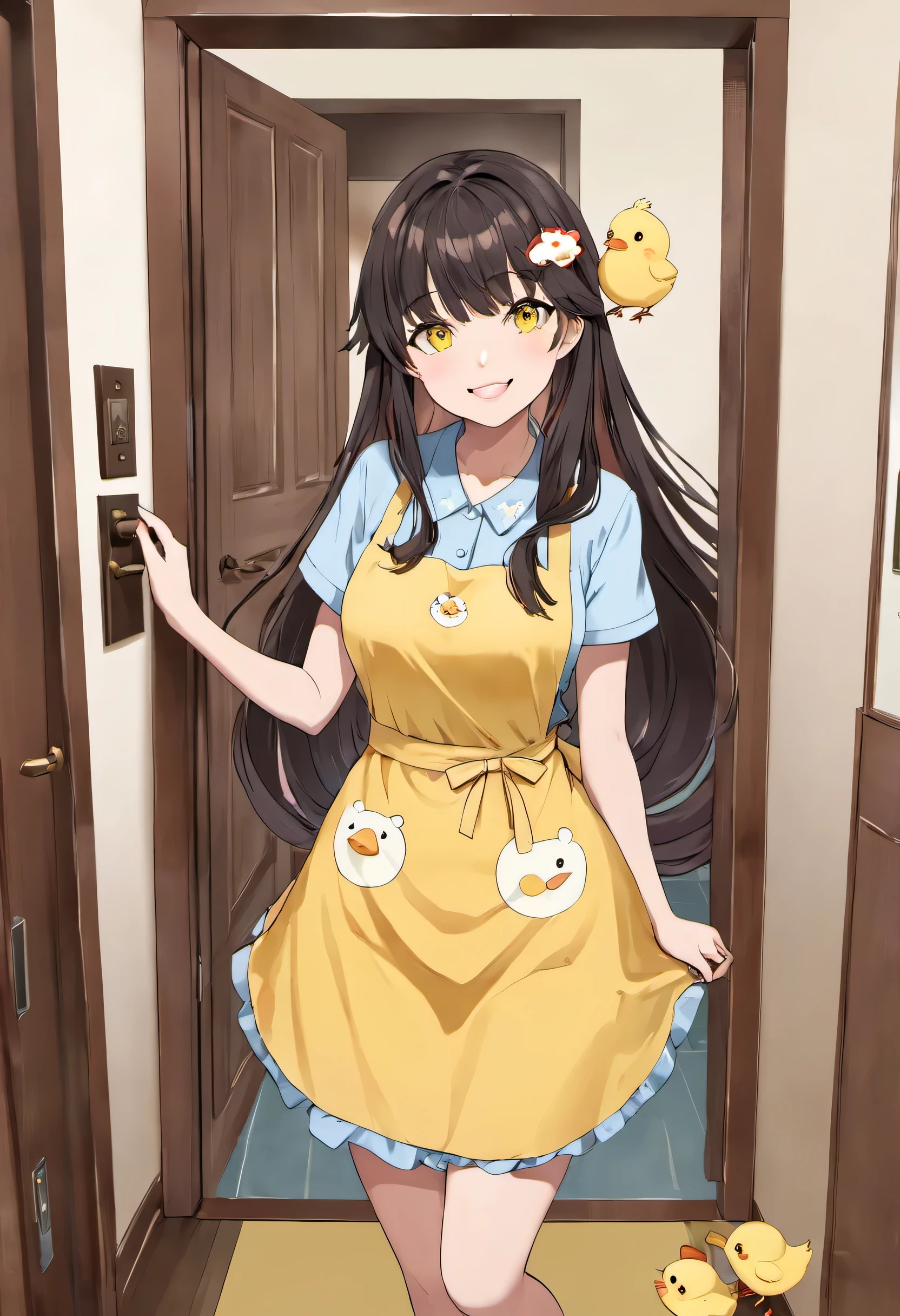 masterpiece、Mastepiece、22 year old anime girl、smile、Long Hair、Clear eyes、Apply lipstick、Adult women、Wear a yellow apron、Apron with chick design、Full Body Shot、The background is the door of the apartment