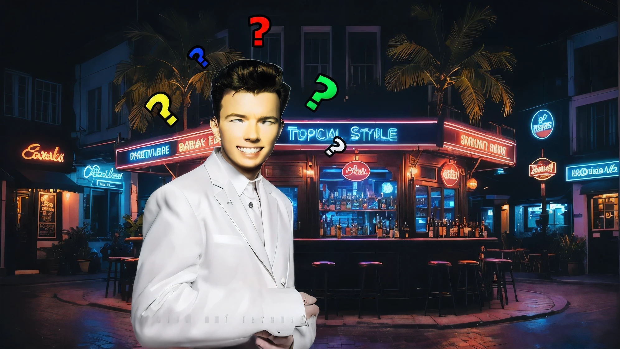 rick astley confused and smiling, public pub, 8k