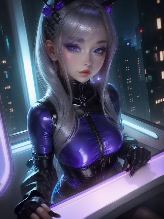 One Woman、Purple clothes、Gray Hair、((blue eyes))、Captivating eyes、Night view