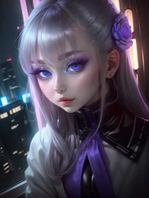 One Woman、Purple clothes、Gray Hair、((blue eyes))、Captivating eyes、Night view