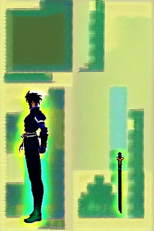 character sheet, full-length, front view and side view, rpg maker:: Swordsman, top-down Castlevania style, spritesheet rpgmaker:: --ar 7:5