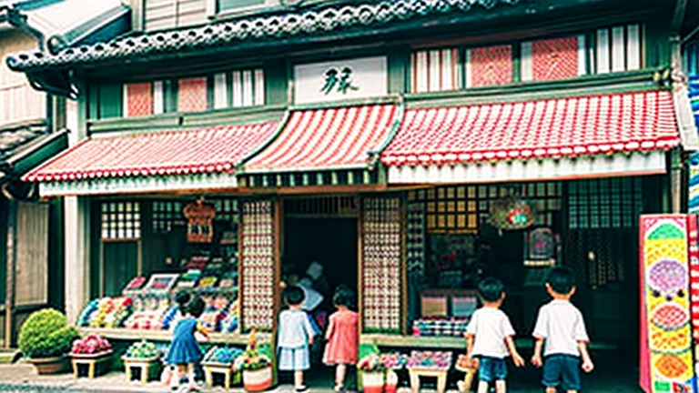 Children shopping at a candy store、Old Japanese tiled house、Scene of children playing、A crowd of children playing in front of a candy store、Children's smiling faces、Children's smiling faces、Children's smiling faces、Grandma poster girl of a candy store、Candy Shop Mask、Showa era masks、Hyotko mask、Japan candy shop、Japan candy shop、Sweets and snacks in the store、There are lots of things to play with and play equipment